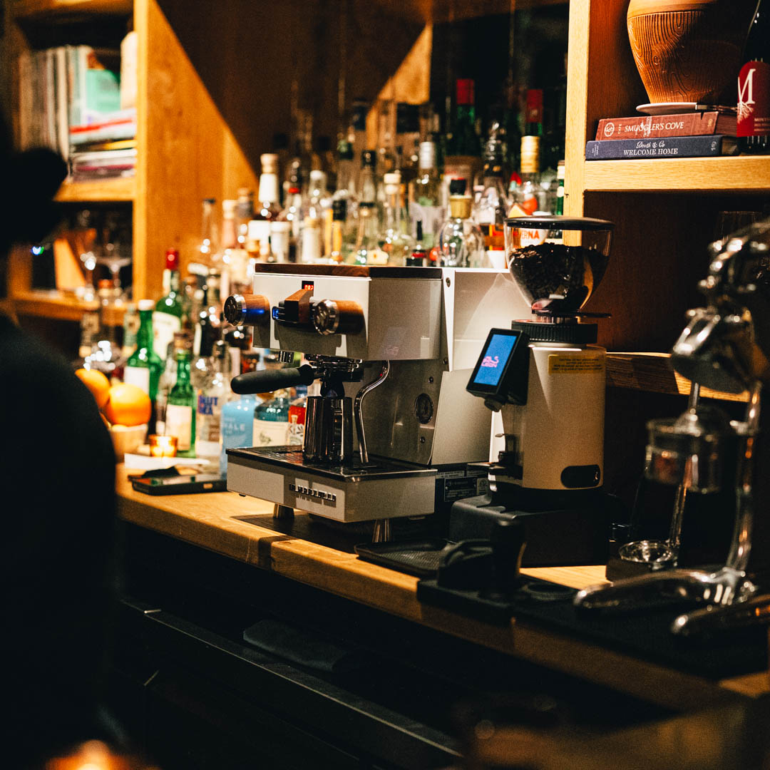 La Marzocco espresso machine behind the bar at Bevel Bar
